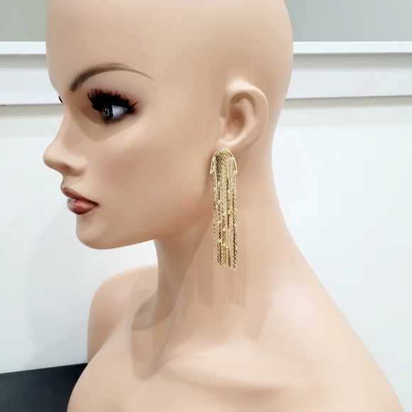 Brand New Gold Tone Rhinestone Tassel Long Earrings - Picture 6 of 8